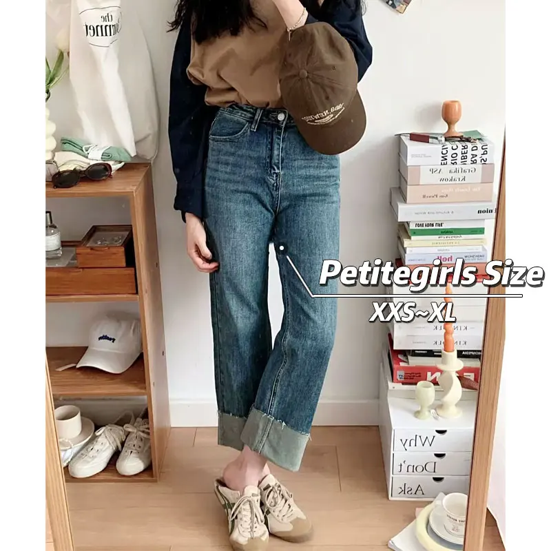 150cm Petite girls American Style Retro Jeans Women High Waist Straight Leg Show Points Slim Elastic Autumn XS Appear High