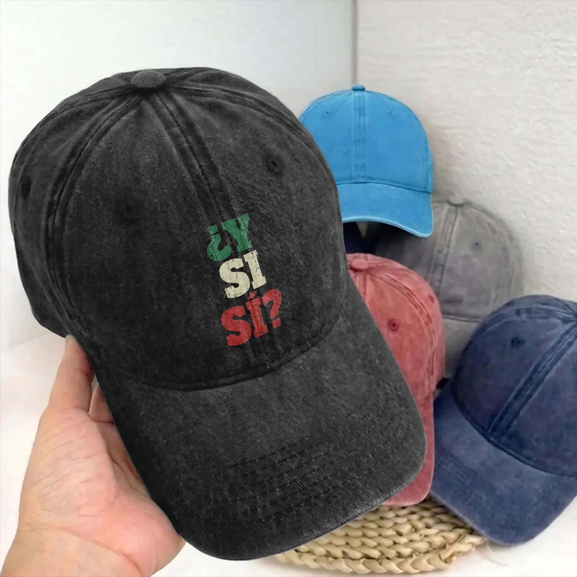 Casquette de baseball vintage Y Si Si avec citation espagnole optimiste, casquette non structurée en jean vieilli avec drapeau du Mexique, ajustable