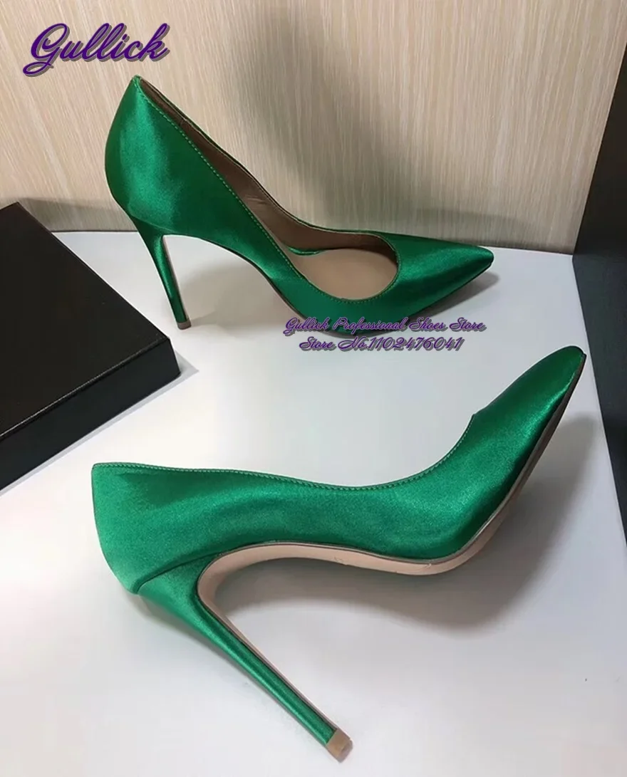 Gullick Emerald Green Satin Cloth Wedding Shoes Elegant Silk Fabric 12cm 10cm 8cm Sitletto Heel Dress Pumps Pointed Toe Shallow