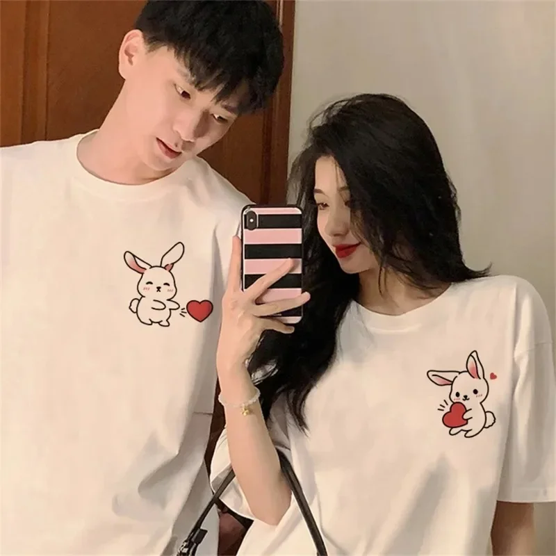 Cartoon Love Rabbit Couple T-shirt Set Summer Women's Short Sleeve T-shirt Women's Clothing Fashion Y2K Top Kawaii Clothes
