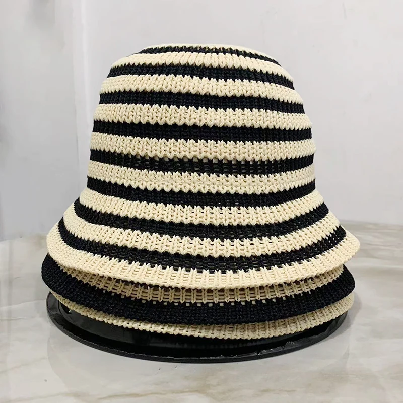 Striped Hollow Bucket Hats For Women Spring Summer New Sun Hat Female Crochet Fishermen Cap Outdoor Travel Basin Caps Panama