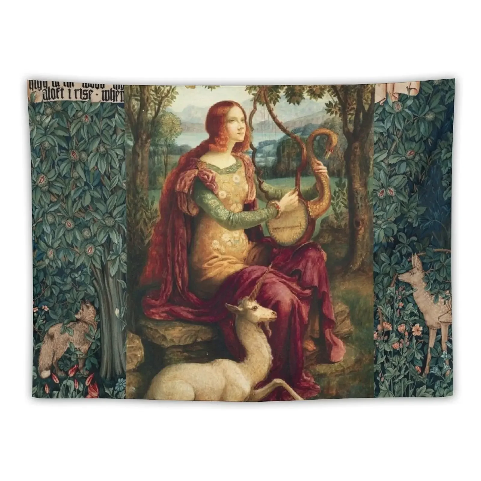 

UNICORN AND LADY PLAYING LYRA ,FOREST ANIMALS, FOX ,DOESIN GREEN FLORAL Tapestry Outdoor Decoration Decoration For Home Tapestry