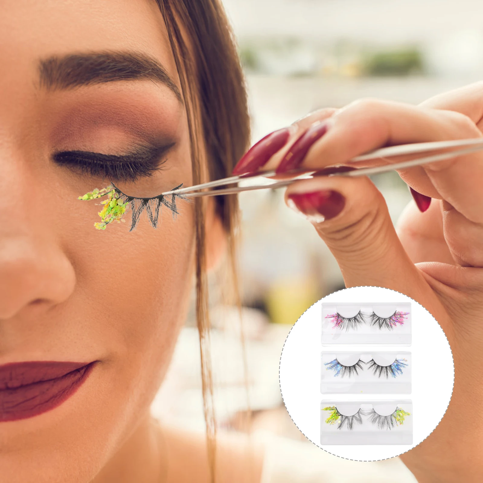 

3 Pairs False Eyelashes Colored Glitter Lashes Thickening Long Halloween Cosplay Party Club Daily Use Makeup Accessories