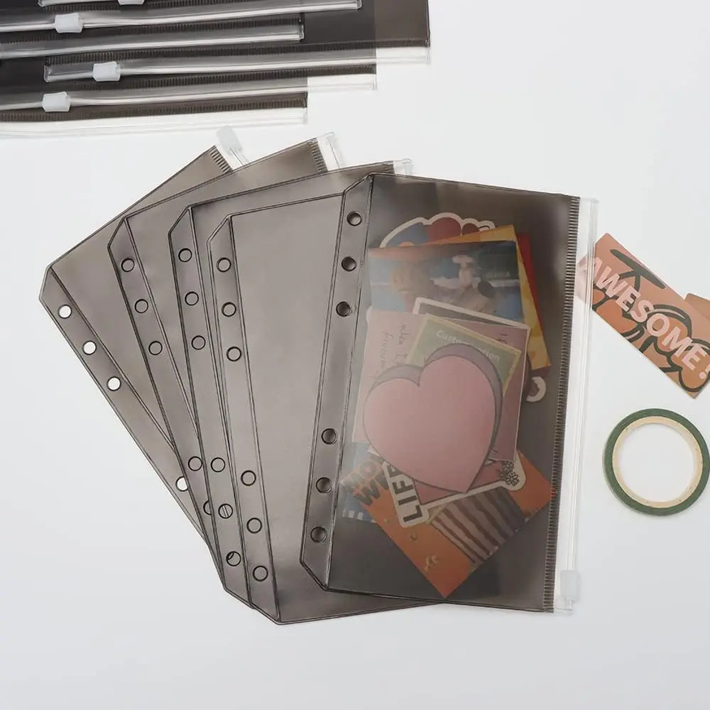 12Pcs A6 Binder Pockets Black Zipper Pouches, Translucent PVC Cash Budget Envelopes, Document Filing Bags for A6 Notebook Binder