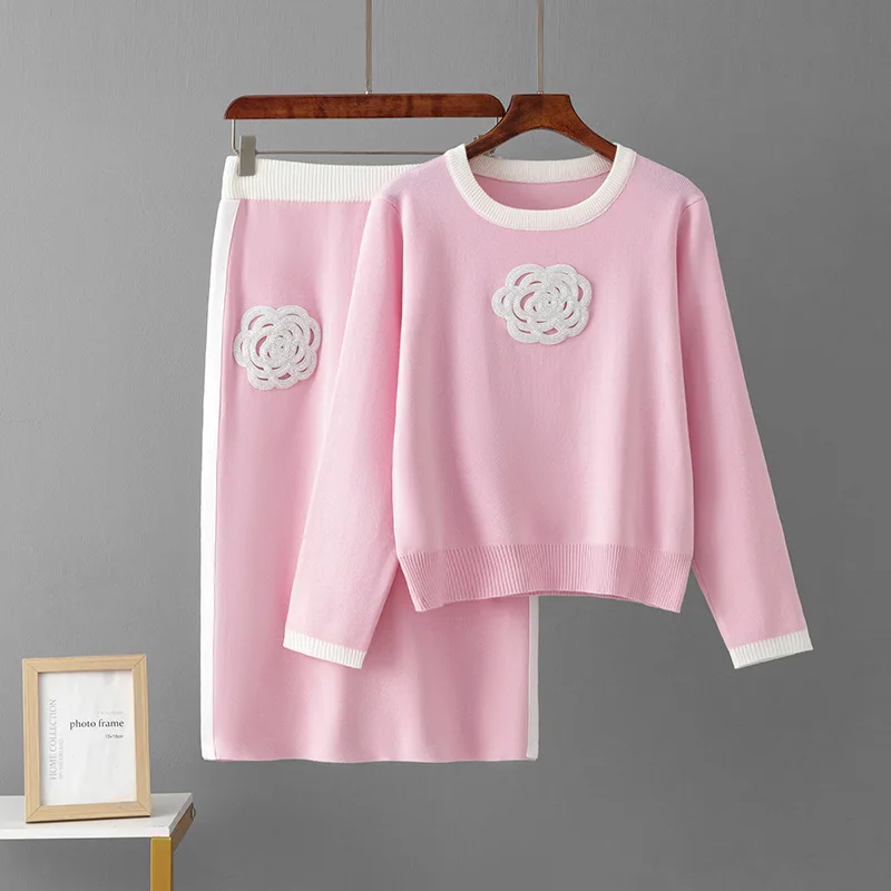 Autumn Embroidered Wool Skirts Suit Embroidered Sweater Tops with One-Step Skirt Fashion Women Casual Loose Two-Piece Sets