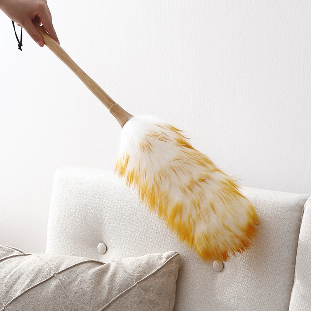 Wood Handle Dust Sweeping Feather Duster with Wooden Handle Lambskin Length 45 cm