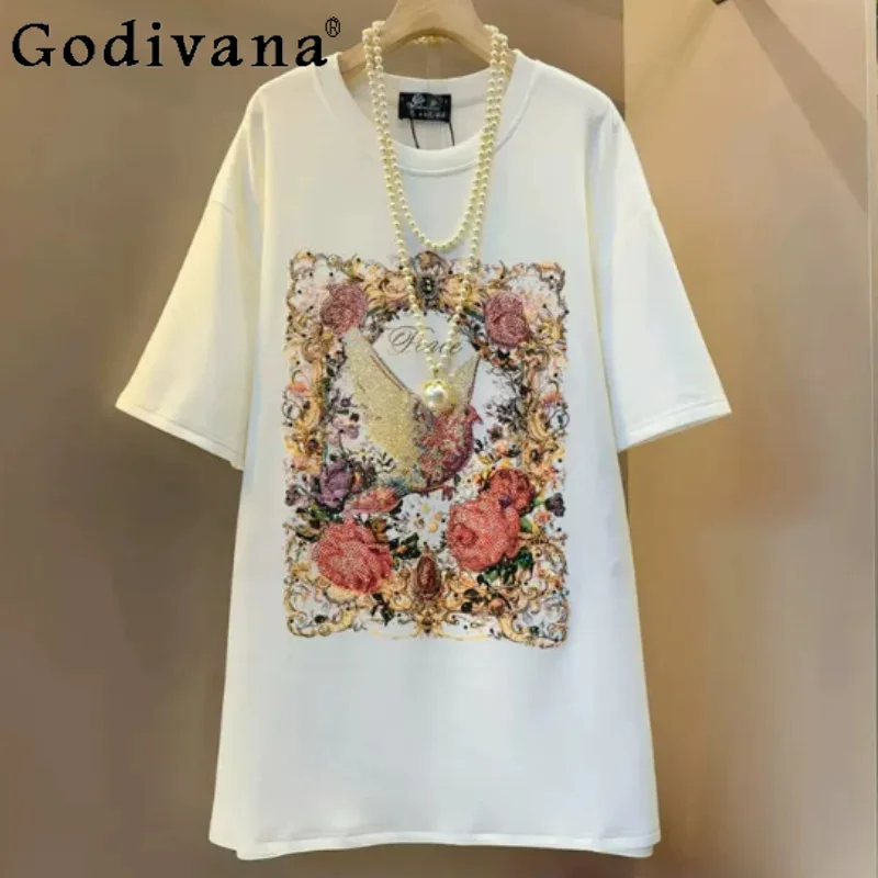 

Large Size Diamond Flower Short Sleeve Crew Neck Versatile Age Reduction Top Summer Korean Women Sweet Loose Pullover T-Shirt