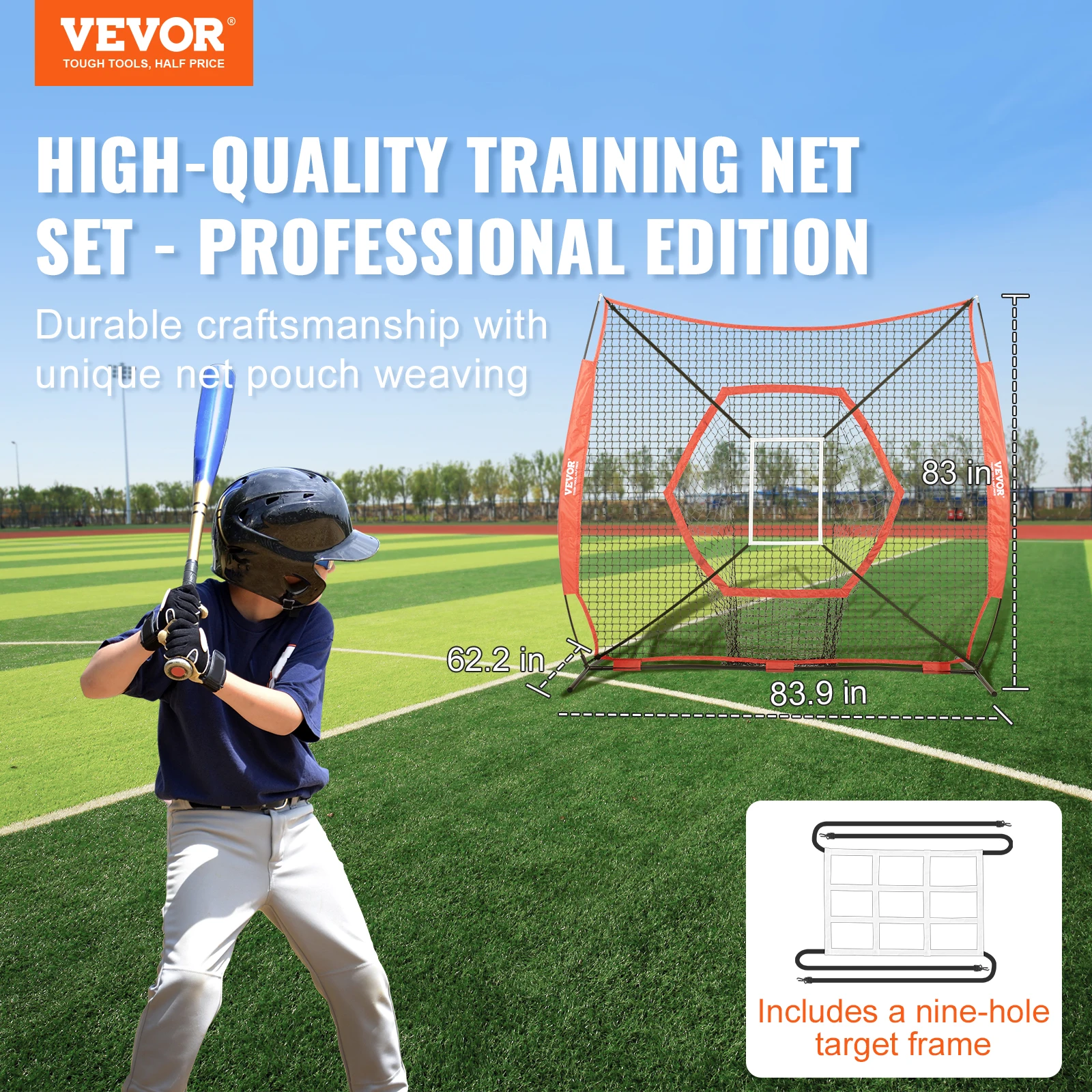 VEVOR 7x7 ft Baseball Softball Practice Net Portable Baseball Training Net for Hitting Batting Catching Pitching