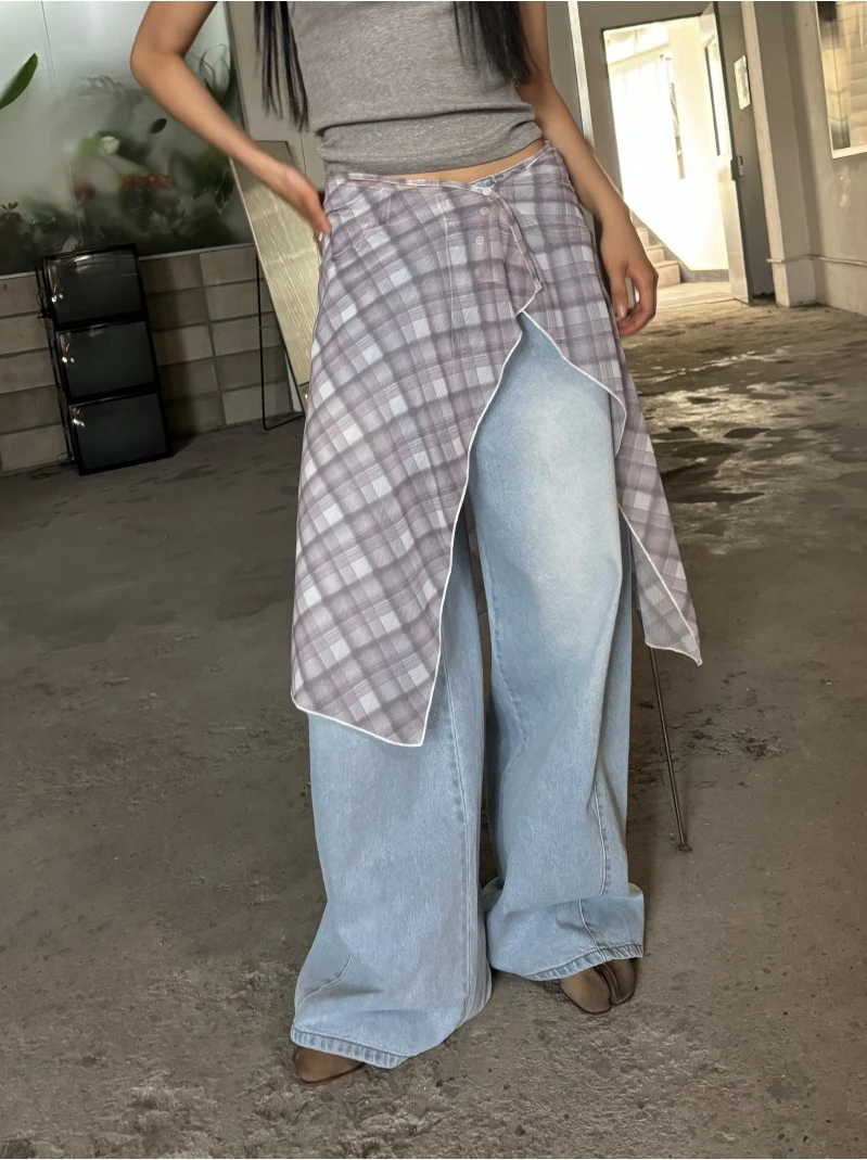 Koreański styl Jednoczęściowa, warstwowa, szyfonowa półspódnica w kratę