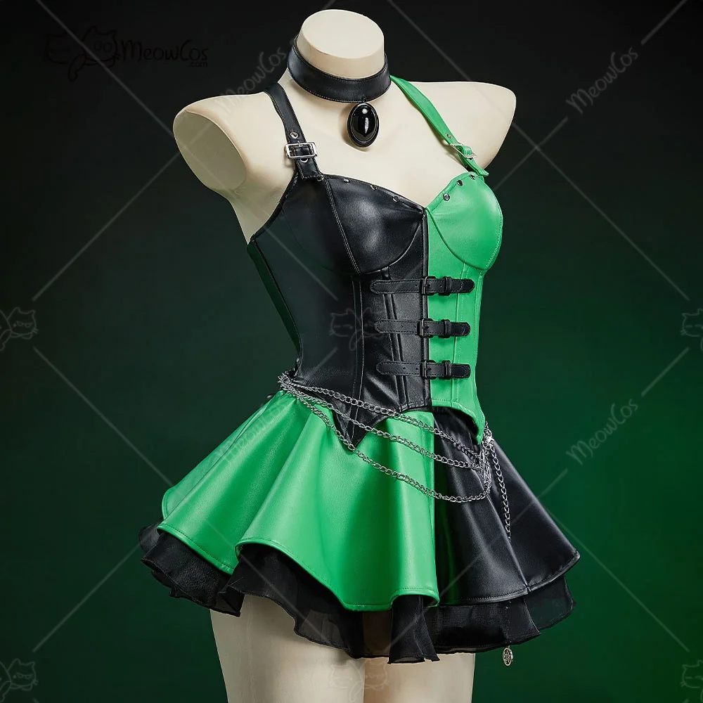 US Stock Meowcos Women Gothic Black Green Symmetrical Colorblocked Corset Skirt Set Top and Skirt with Waist Chain Halloween view 2