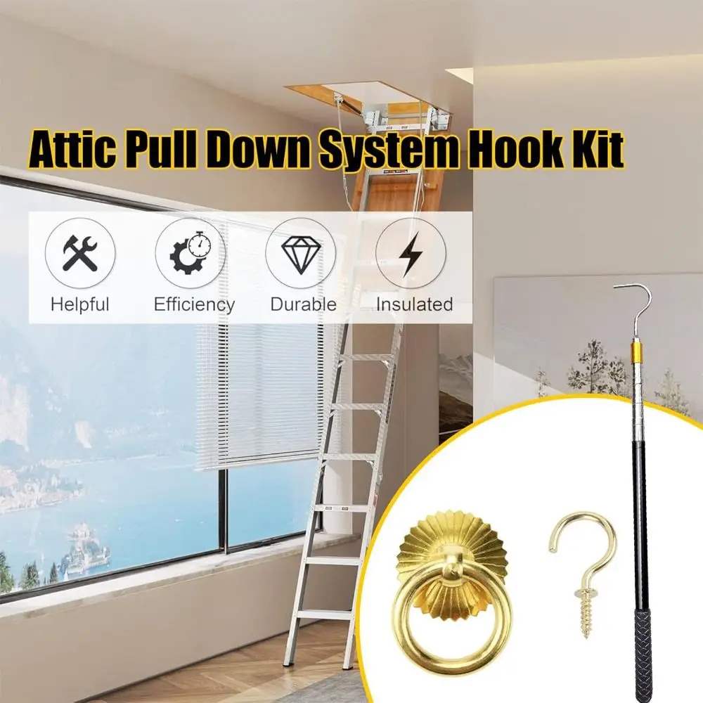 Stainless Steel Attic Ladder Pull-Down System Kit Retractable Extends Loft Stair Pull Hook Kit Vintage Copper Door Ring