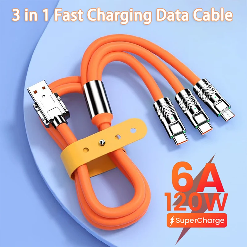 120W 3 in 1 Fast Charging Type C Cable Micro USB for iPhone Charging Cable For Samsung Huawei Xiaomi Phone Charger USB Cable