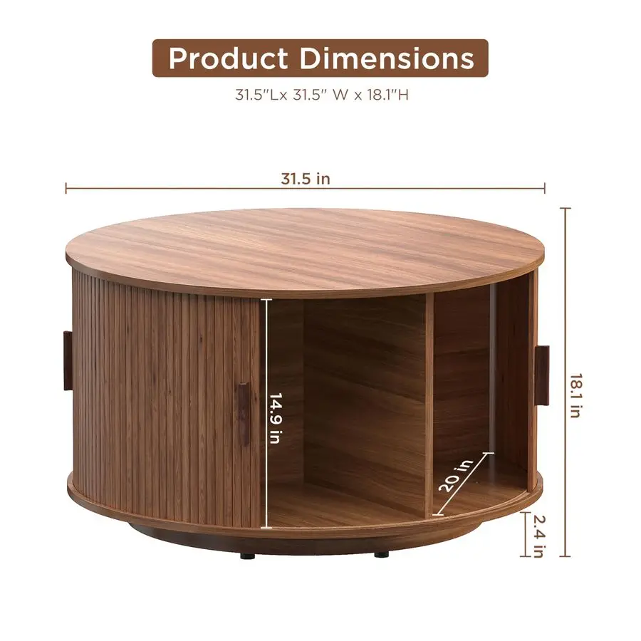 Round Coffee Table with Storage,31.5 Drum Coffee Table with Sliding Tambour Door,Mid Century Modern Coffee Table with Sliding Ca