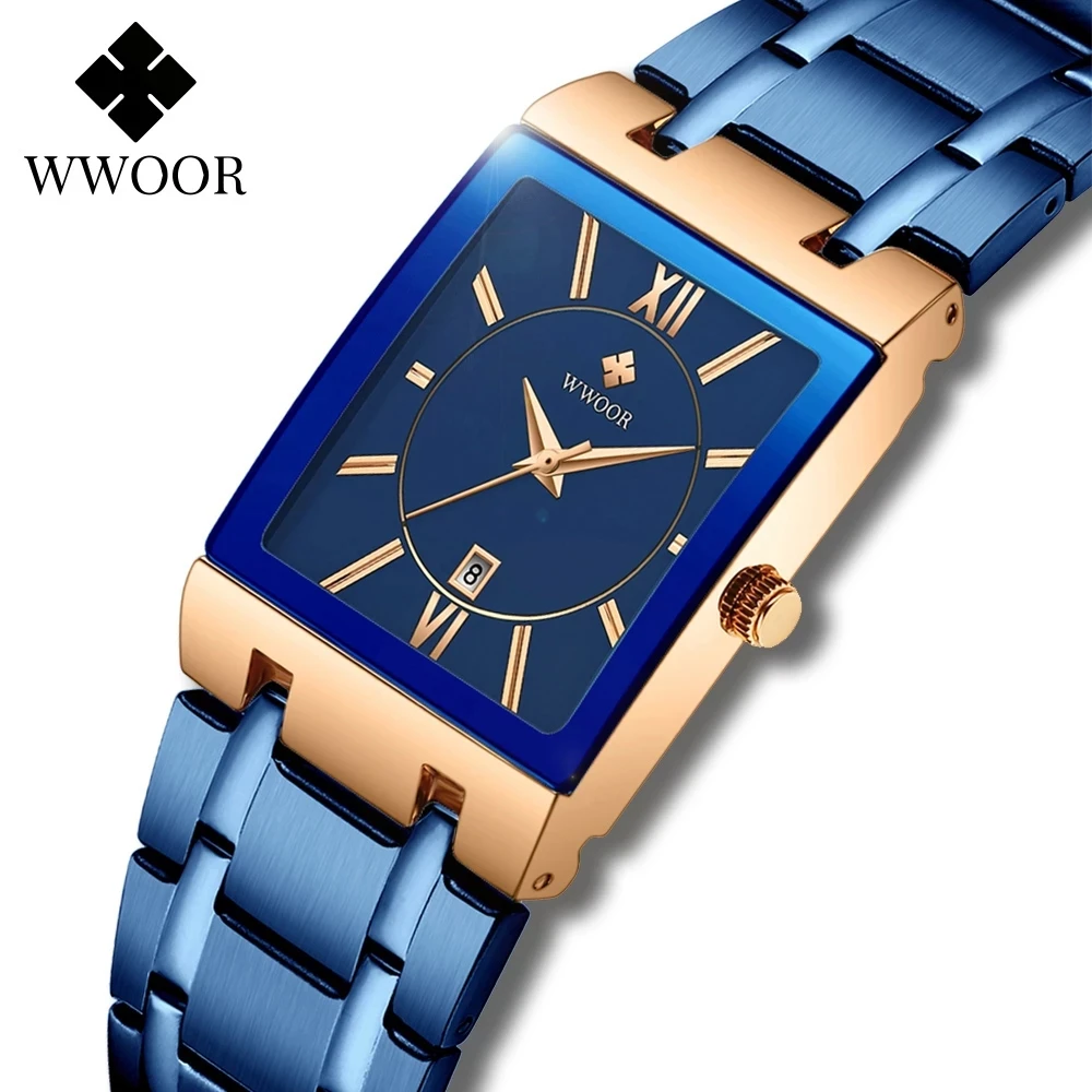 Relogio Feminino 2024 WWOOR nowe zegarki damskie Top marka luksusowe niebieskie damskie bransoletki kwadratowy zegarek damski sukienka zegarek kwarcowy