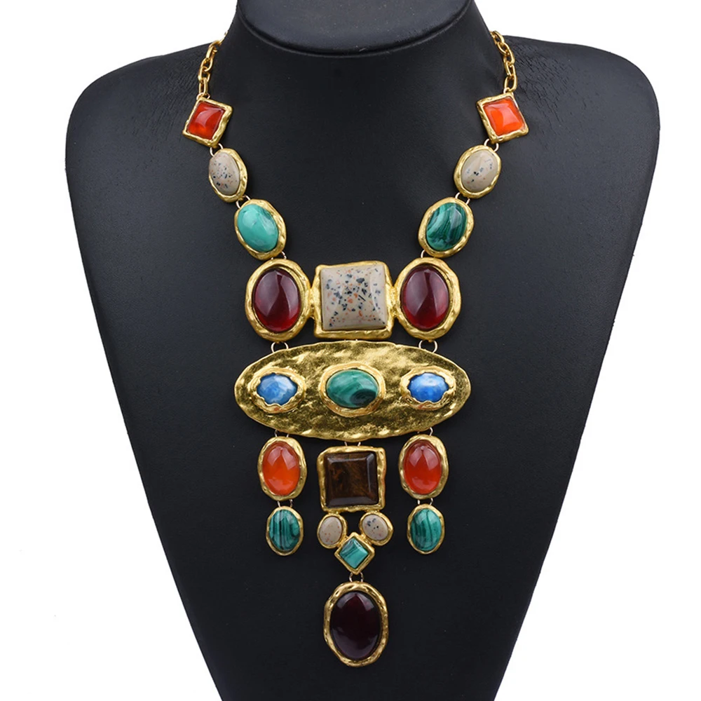 Vintage القبلية العرقية الملونة هندسية الأحجار الكريمة بيان قلادة للنساء بوهو سترة سلسلة الباروك العتيقة الهندي مجوهرات