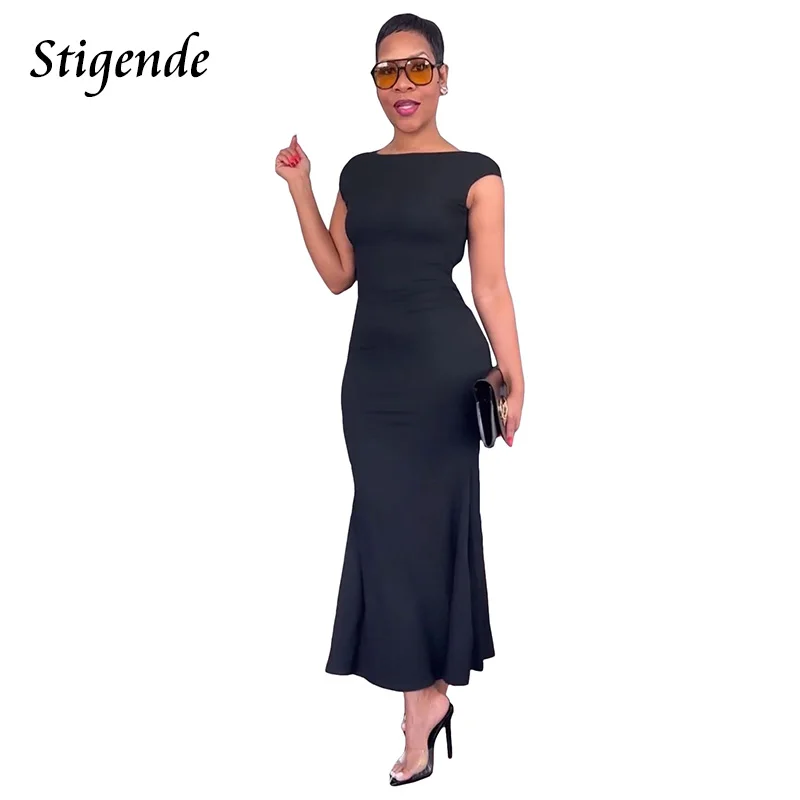 Stigende Women Sexy Backless Long Fishtail Dress Solid Color Fit and Flare Ribbed Trumpet Dress