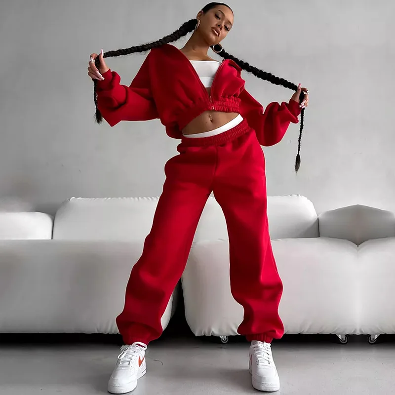 Solid Tracksuits Crop Top Hoodie with Zipper Long Pant Women\'s Two Pieces Set Hip Hop Pant Sets Sporty Women\'s Tracksuit