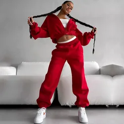 Solid Tracksuits Crop Top Hoodie with Zipper Long Pant Women's Two Pieces Set Hip Hop Pant Sets Sporty Women's Tracksuit