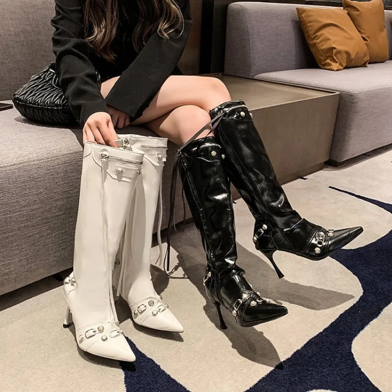 

Western Punk Chic Women's Pointed Toe High Heel Over The Knee Riding Boots with Tassel & Metal Studs 2025 Autumn Winter New Sexy