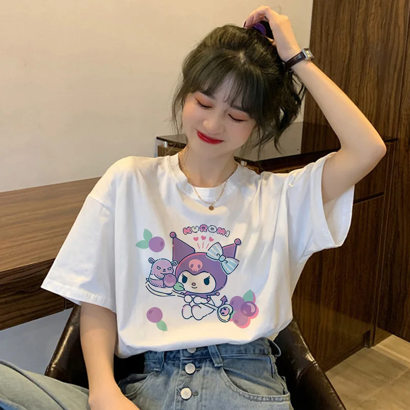 Kuromi T-shirt Women Cotton Fashion Tees Shirts Kawaii Sanrio Melody Cartoon Oversize Harajuku Casual Clothes Streetwear Y2K Top