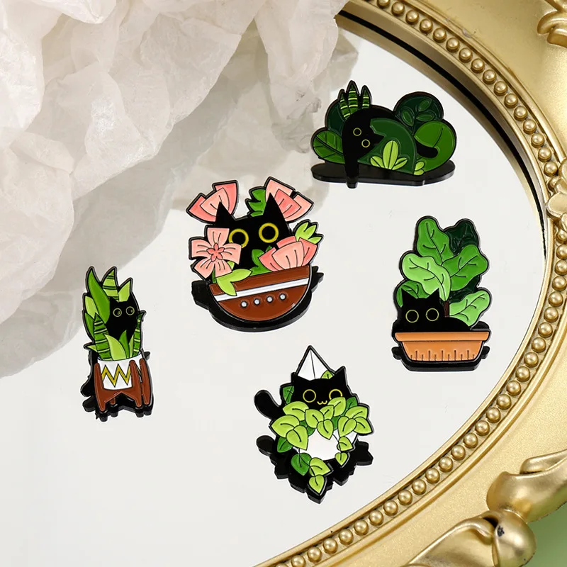 Cats in Plants Enamel Pins Custom Black Cat Potted Plant Brooches Lapel Badges Fun Animal Plant Jewelry Gift for Kids Friends