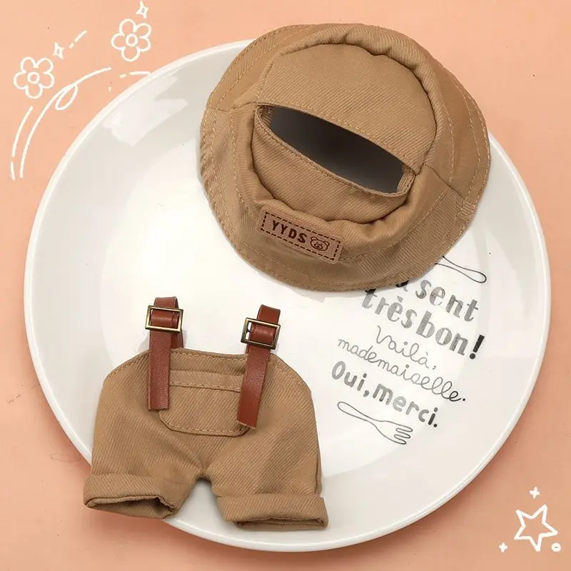 17cm baby clothes, first, second, and third generation party overalls, fisherman hat pendant, doll set, dress up change