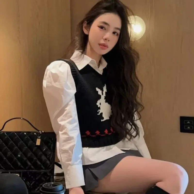 Black Sweater Vests Women Knitted V-neck Rabbit Loose All-match Students Chic Spring Autumn Tops Preppy Design Female Ins Mujer