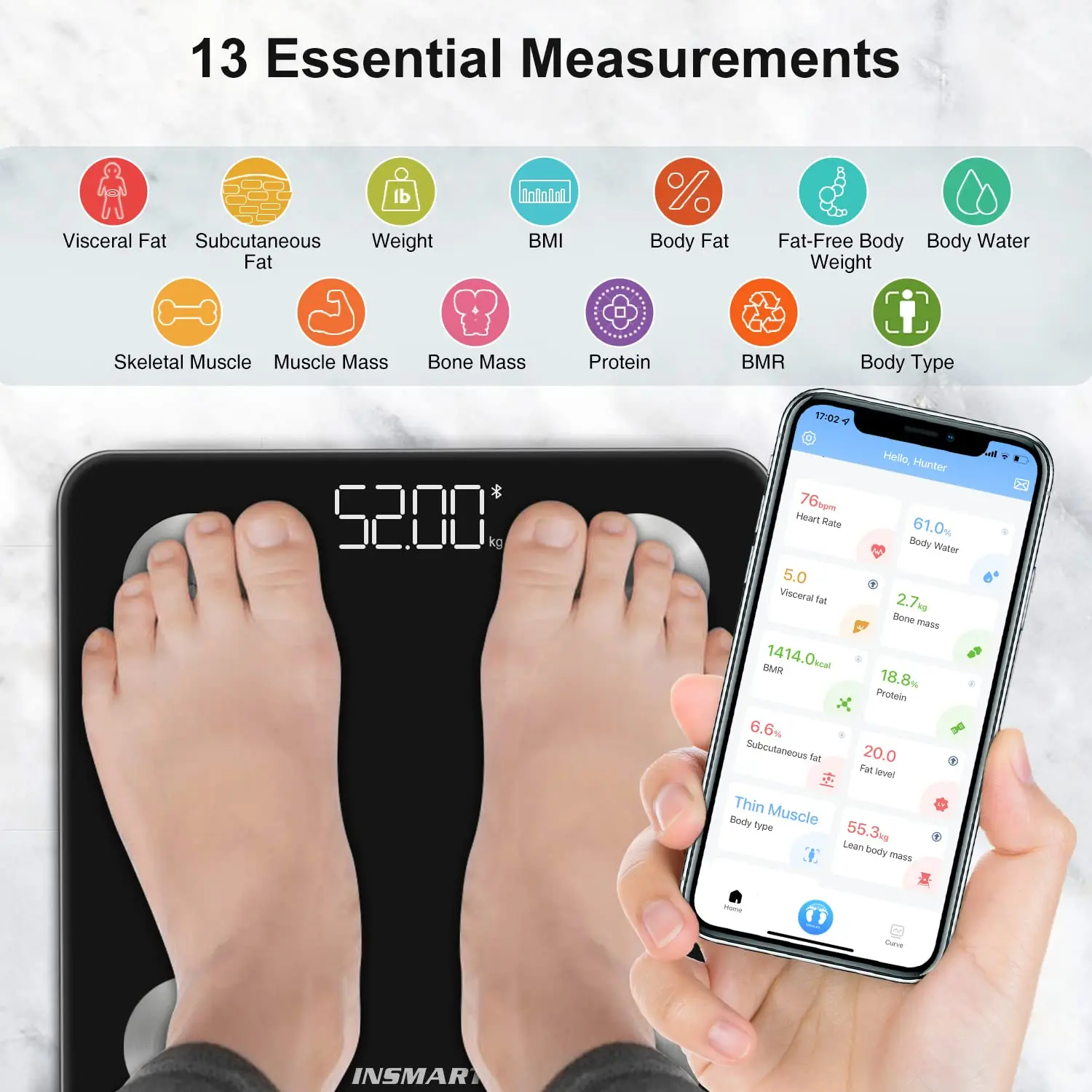 Bluetooth body fat scale, INSMART APP Digital bathroom scale, 13 body composition monitors, for Andriod and iOS, 180kg Black