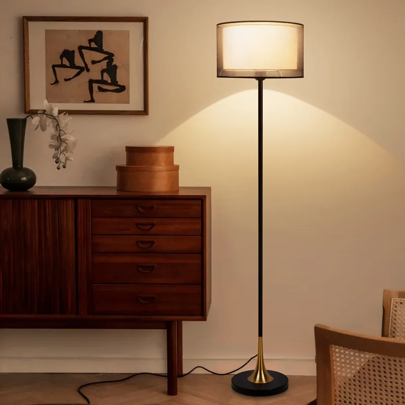 

American Minimalist Iron Base LED E27 Floor Lamp Rotundity Fabric Lampshade Living Room Bedroom Restaurant Office Standing Light