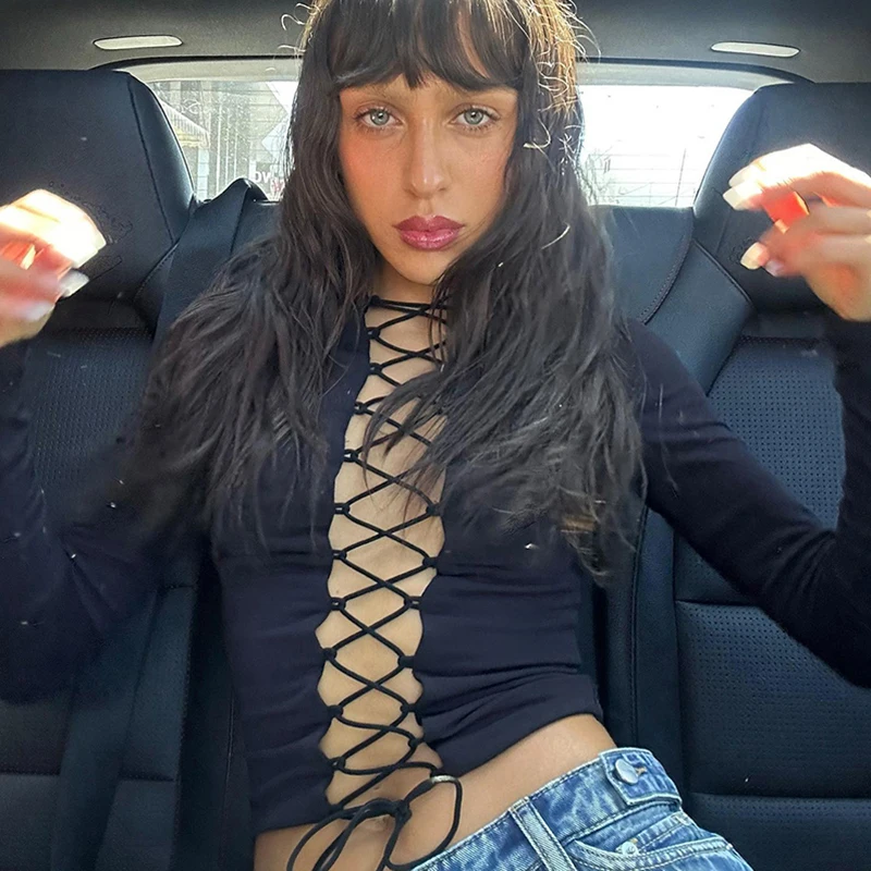 

Y2k Женская хлопковая Футболка в стиле панк с вырезами, бандажные Топы с длинным рукавом, облегающие уличные футболки в стиле Харадзюку, женские топы