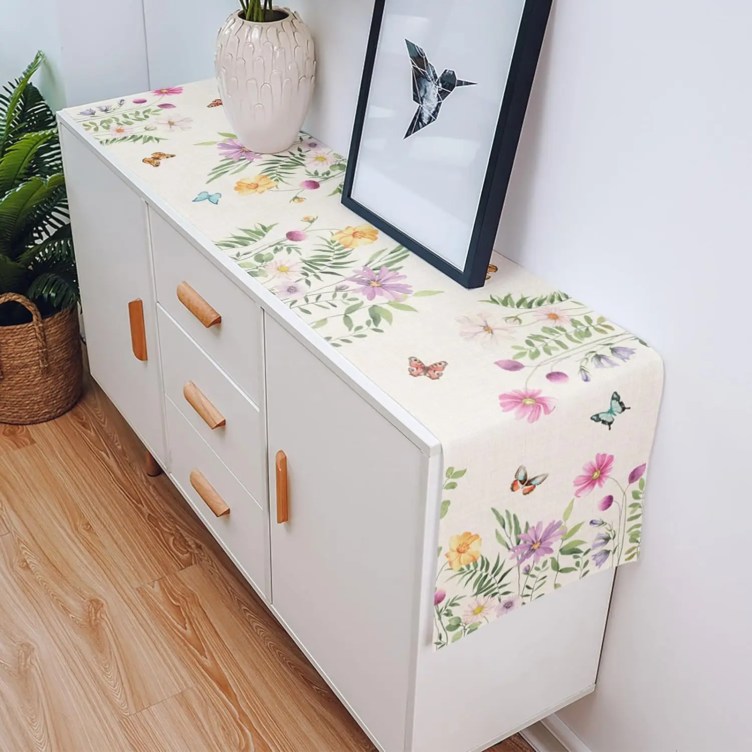 Chemin de Table en Lin Lavable à Fleurs Colorées, Papillon, Écharpes de Commode, Décoration de Maison, Soirée, Printemps, Été