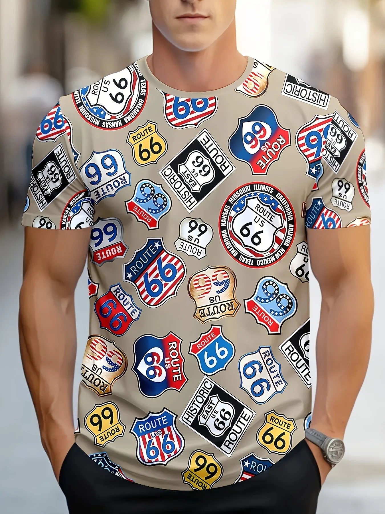 Men's Route 66 Road Sign 3D Printed T-Shirt Casual Crew Neck Short Sleeve Summer T-Shirt Route 66 Theme Design Short Sleeve Top