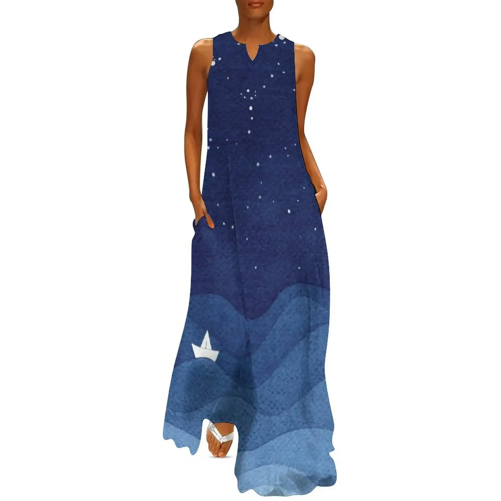 

blue ocean waves, sailboat ocean stars Long Dress Women's summer long dress Dress