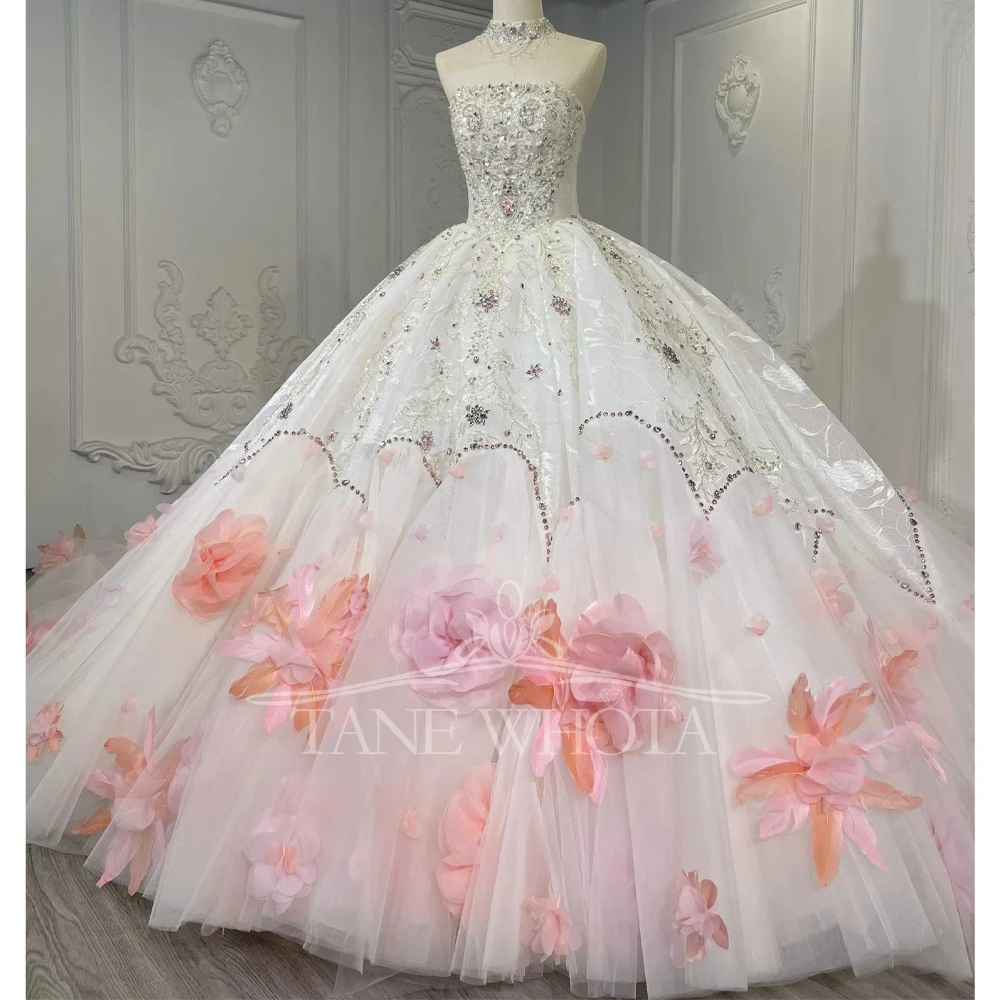 Gaun Pengantin Tanpa Tali Tanpa Lengan yang Dapat Disesuaikan dengan Punggung Berikat Tali, Payet Kristal, dan Hiasan Bunga 3D untuk Pengantin