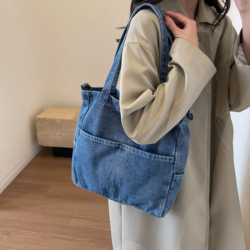 Borse di tela da uomo e da donna multi tasca di grande capacità in denim tinta unita, borsa a tracolla a spalla singola per pendolarismo, college st