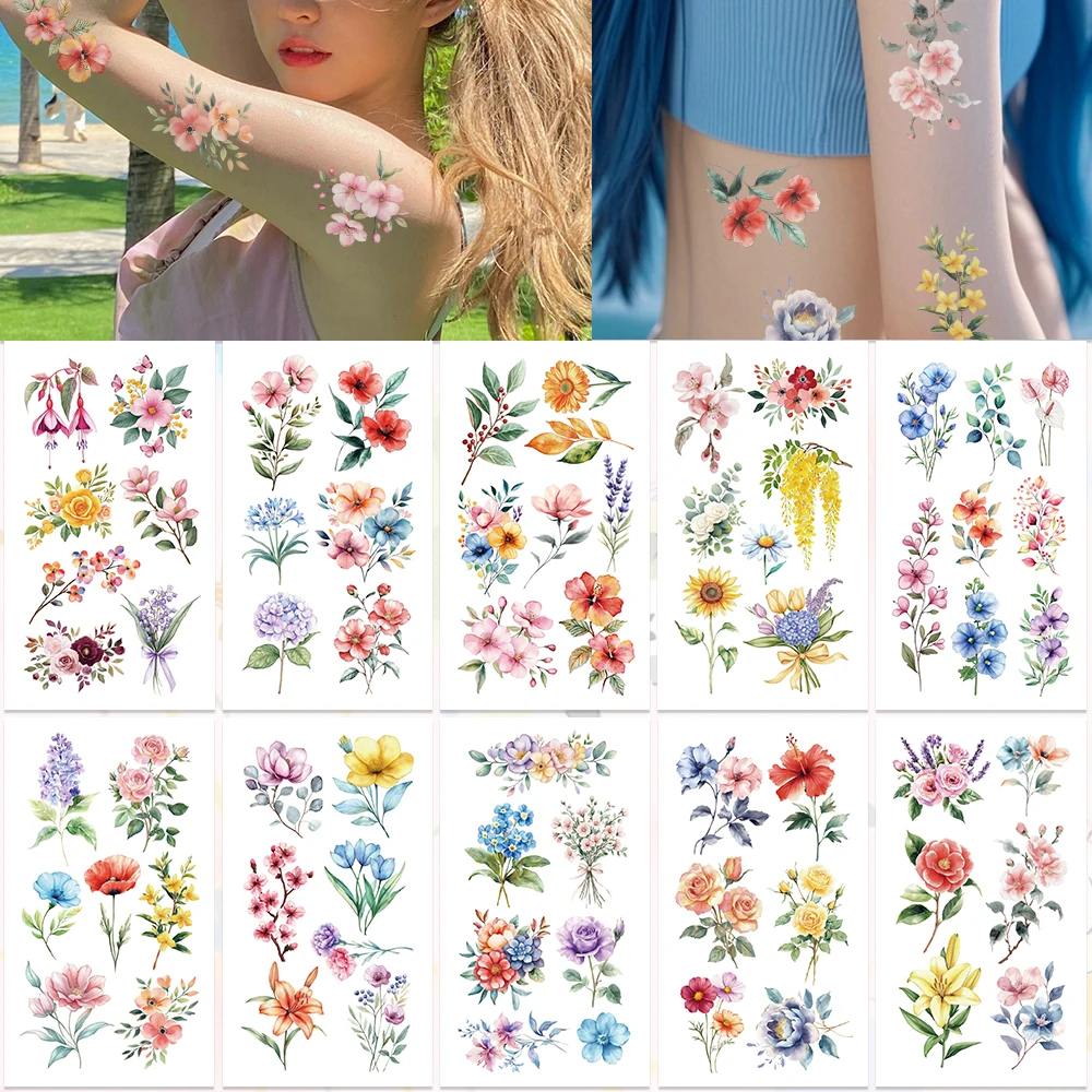 10sheets Flowers Rose Peony Lily Tattoo Stickers For Face Arm Body Temporary Waterproof Tattoo Stickers Kids Creative Gifts 