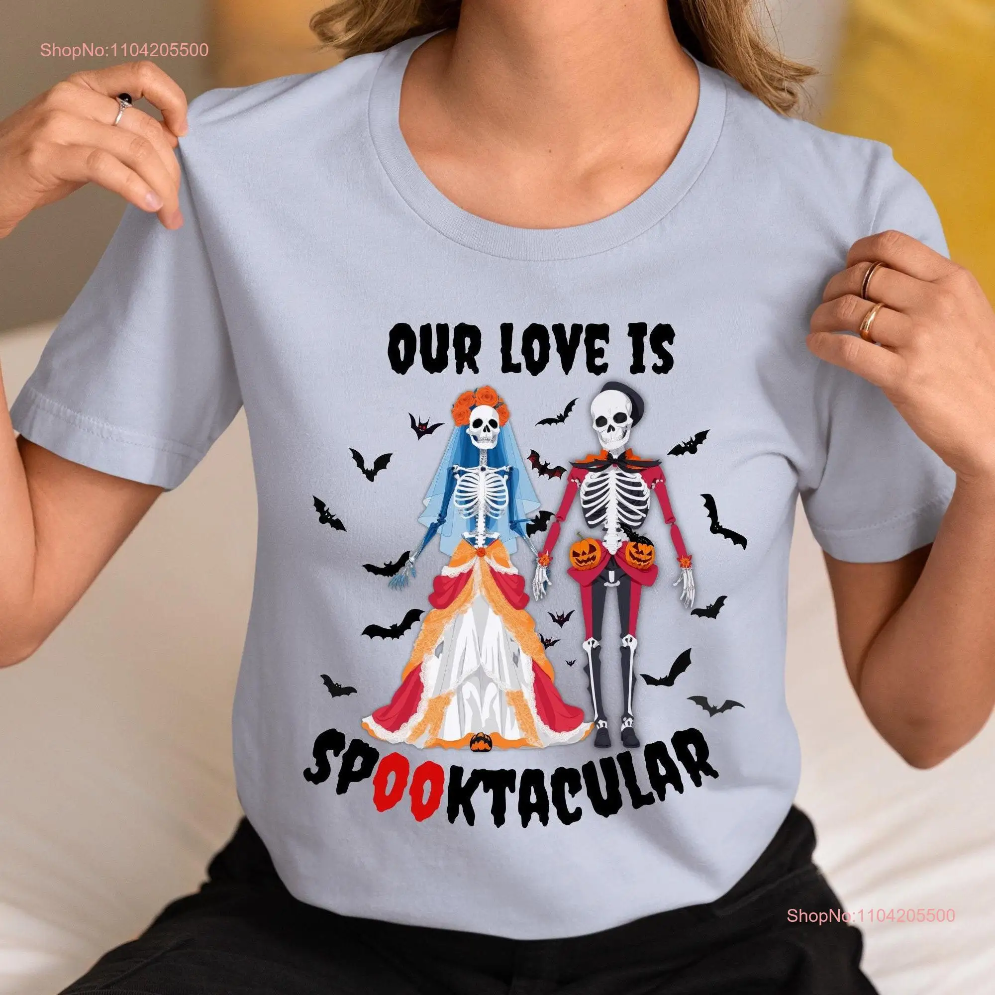 Skeleton couple t shirt Halloween spooky romance gift for couples themed wedding long or short sleeves