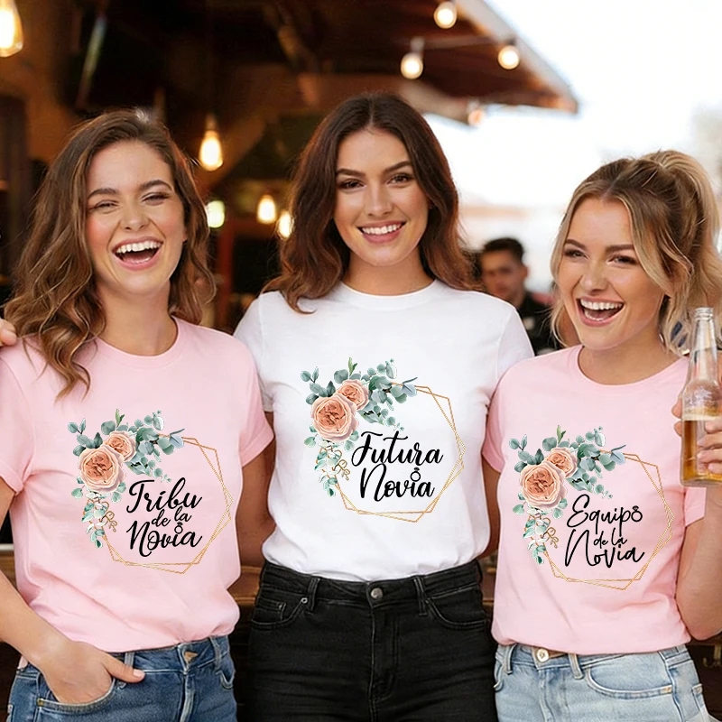 Team Bride Squad Tribe Matching T-Shirts Floral Graphic Tees Spanish Girls Short Sleeve Crew Neck Tops for Single Farewell Party