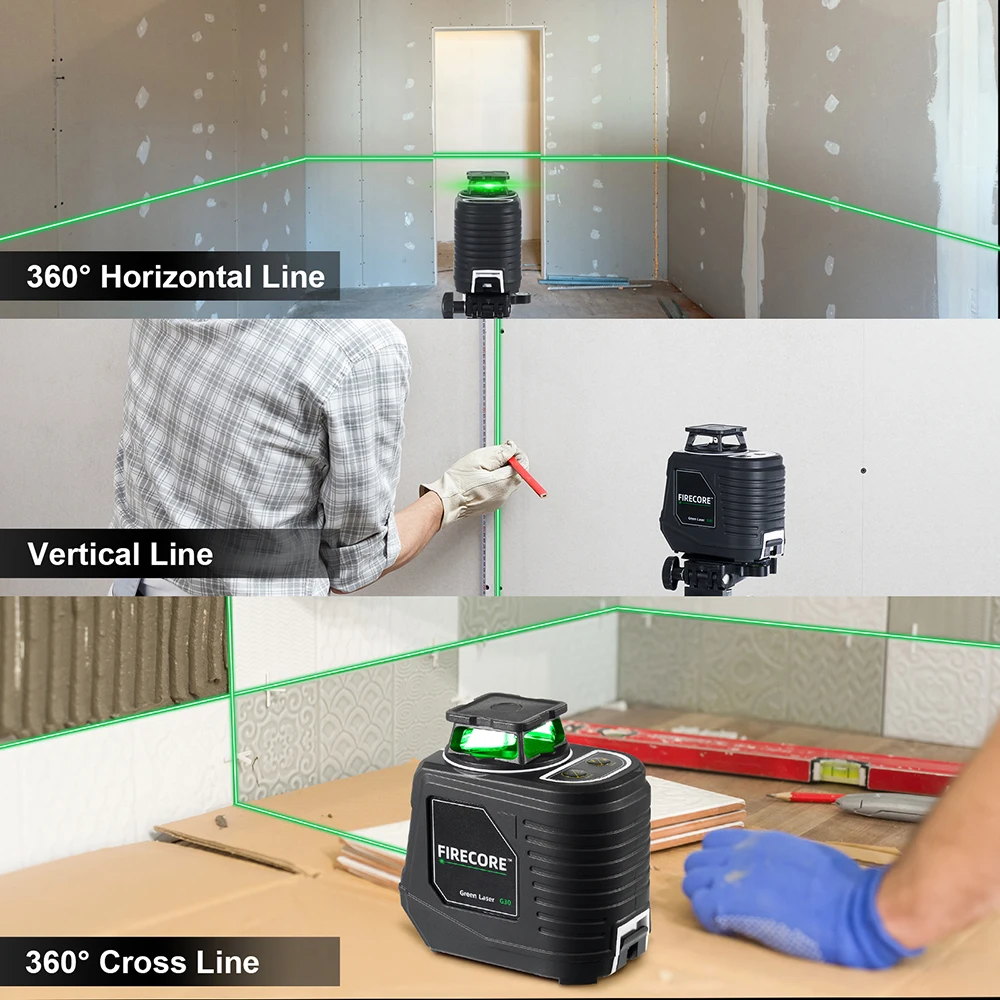 FIRECORE Laser Level 5 Lines Green Beam Cross Lines 360 Pulse mode Self-Leveling nivel láser G30 1.5/1.56/3m Tripod