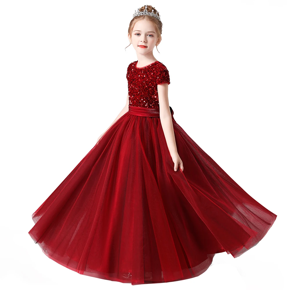 Dideyttawl świecący cekiny krótkie rękawy kwiatowe sukienki dla dziewczynek Tulle Kids Birthday Party Pageant suknia wieczorowa Junior druhna Spódnica bufiasta do kostek dla dzieci w stylu księżniczki Nowa