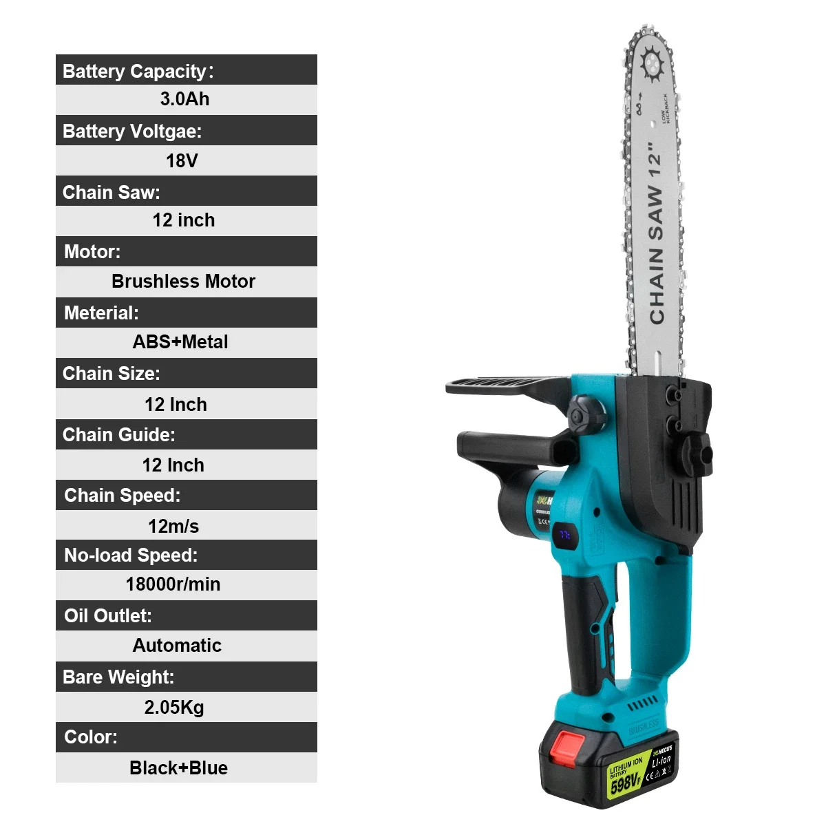 Hecus 12 Polegada motosserra elétrica sem escova com lubrificador sem fio jardim carpintaria ferramenta elétrica de corte para makita 18v bateria