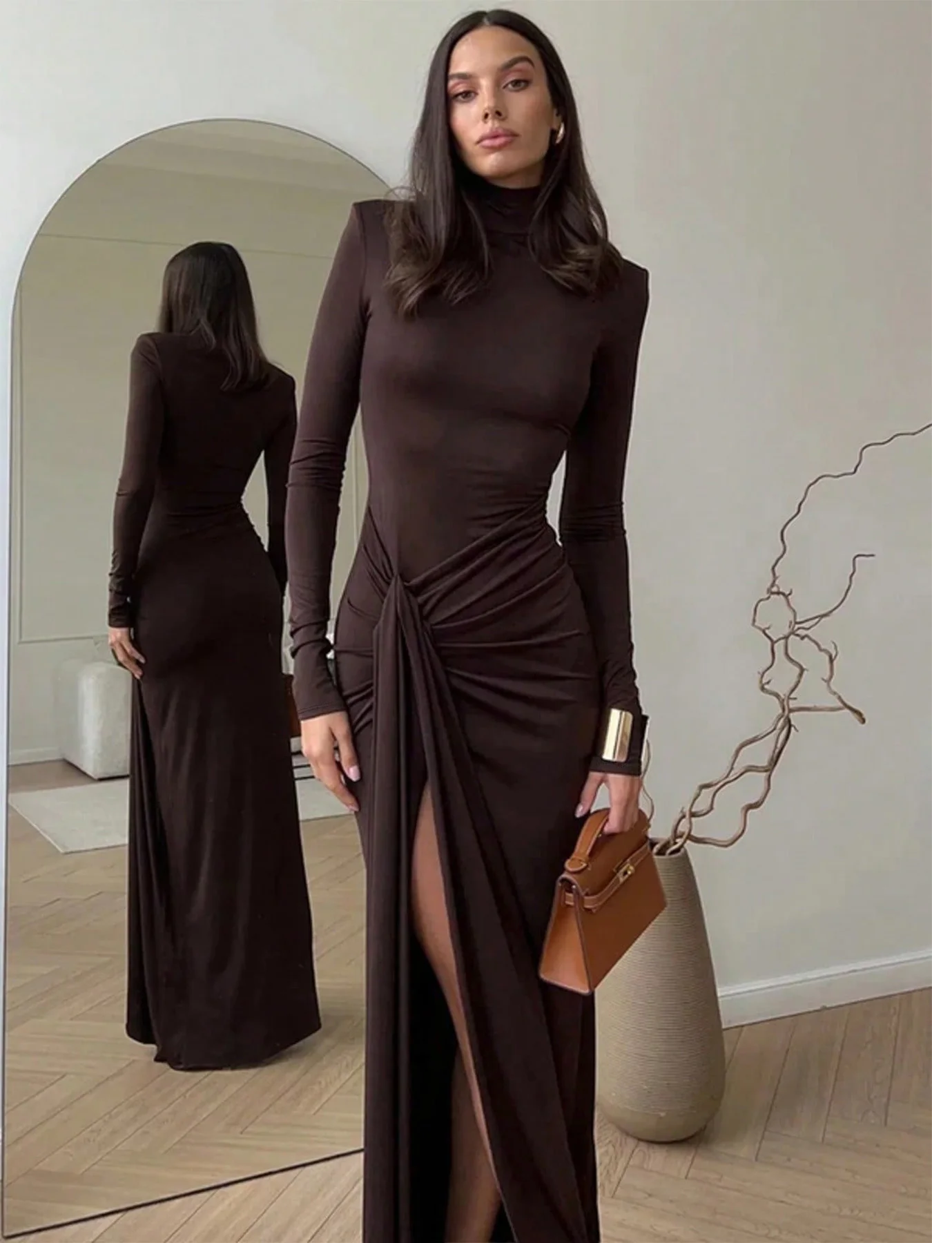 

Chic Turtleneck Bodycon Maxi Dress Ruched Side High Slit Long Sleeve Gown Vintage Elegant Outfit for Evening Party Prom Dresses