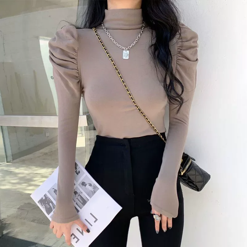 Stylish Puff Sleeve Folds Beading T-shirts Autumn Winter Solid Color Women's Clothing Vintage Basic Half High Collar Pullovers