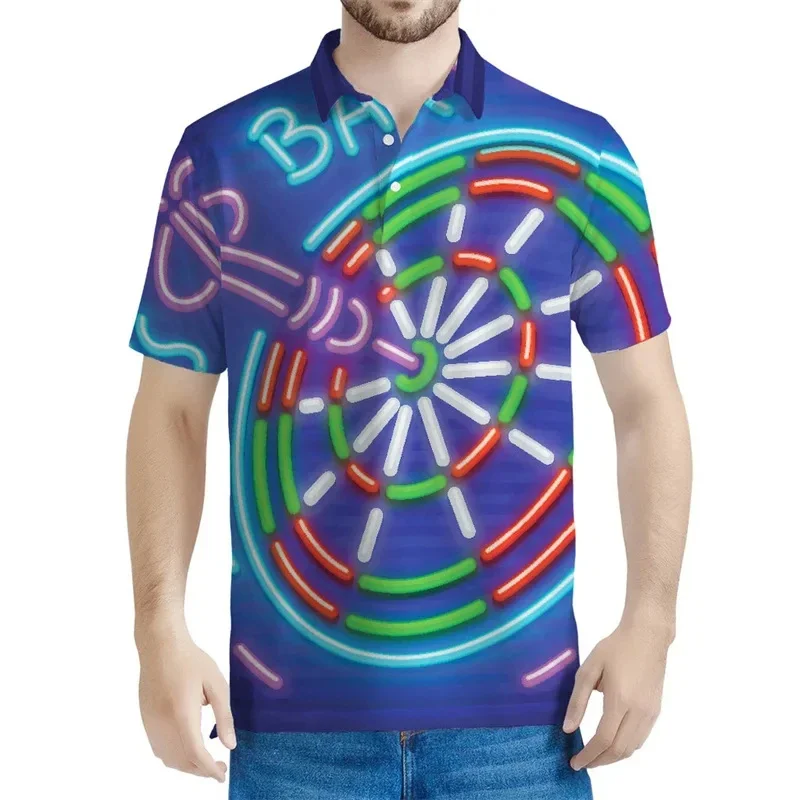 

Men's Creative Colorful Darts Pattern Polo Shirts Fashion Design Short Sleeve Button Lapel Tops Loose Casual Dart Lovers Clothes