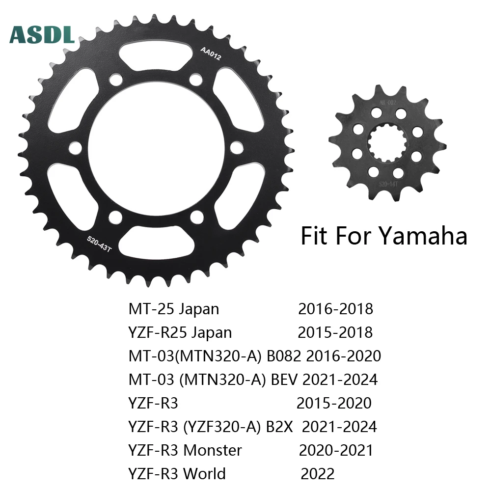 

520 43T 14T Motorcycle Front and Rear Sprockets for Yamaha MT-25 YZF-R25 2015-2018 MT-03 MTN320 B082 BEV YZFR3 YZF-R3 YZF320-A