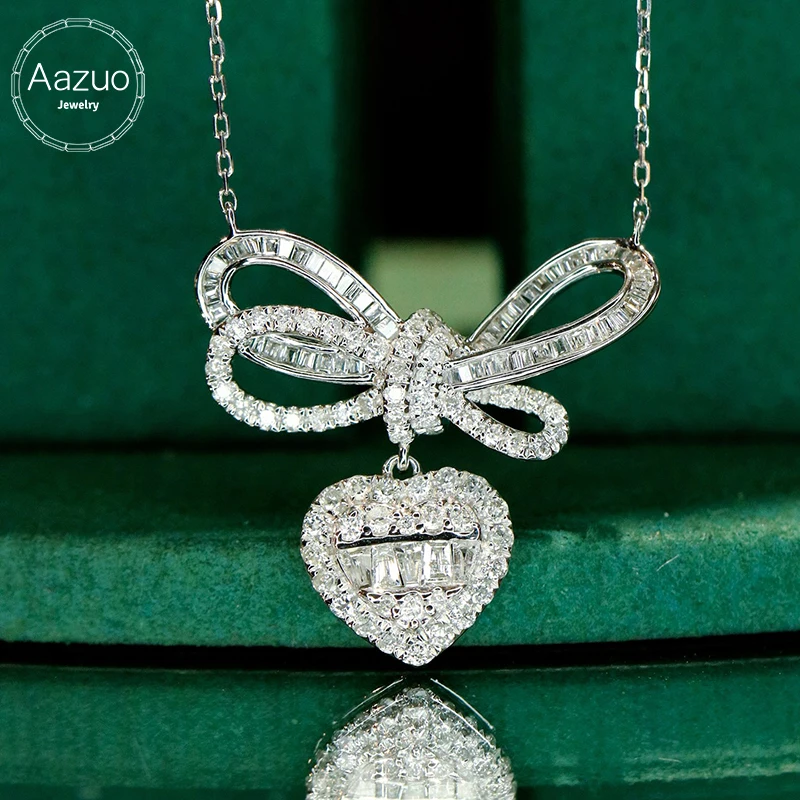 

Aazuo Real 18K White Gold Natrual Diamonds 0.75ct Bowknot Heart Shape Necklace For Women And Girls Perfect for Special Occasions