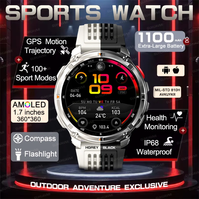 

Уличный TANK НОВЫЙ SmartWatch 1,7 дюйма, 1100 мАч, большой аккумулятор, GPS, светодиодный фонарик, компас, монитор здоровья, IP68, водонепроницаемые часы с HD-вызовом
