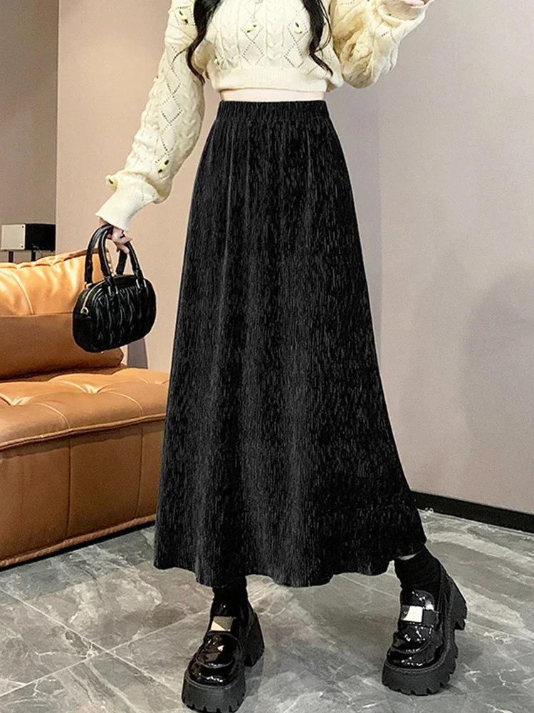 Fashion Folds Velvet Long Skirt for Women 2024 Autumn Winter Vintage Elegant Solid A Line High Waist Maxi Skirt Female Z365