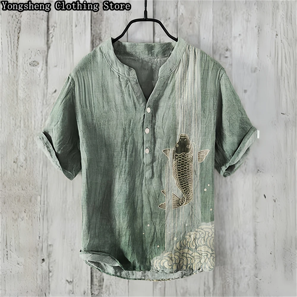 Summer men\'s short-sleeved POLO shirt linen printed shirt fashionable personality element printed large size shirt S-5XL