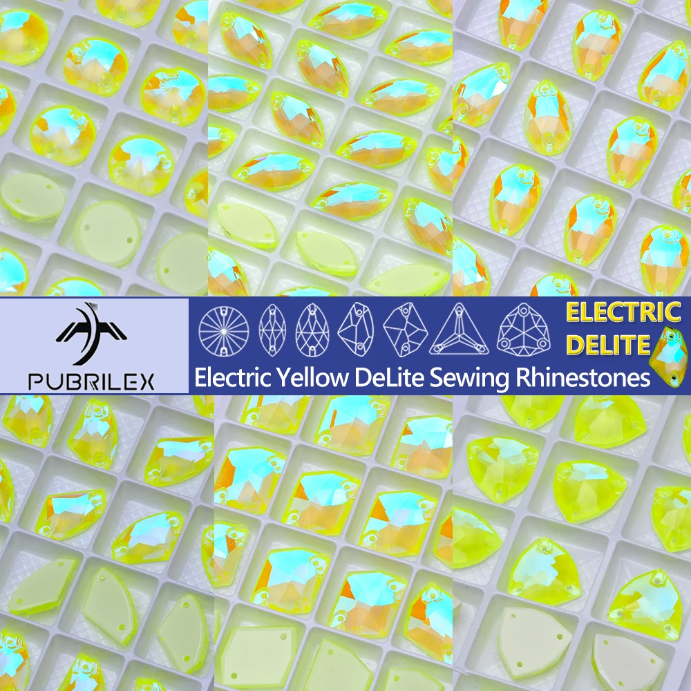 PUBRILEX Elektrisch Gelber DeLite All Shapes Aufnähbarer Strass-Glitzer-Nähkristall für Kleidungsstücke, Kleider und Bastelmaterialien – Detail 1